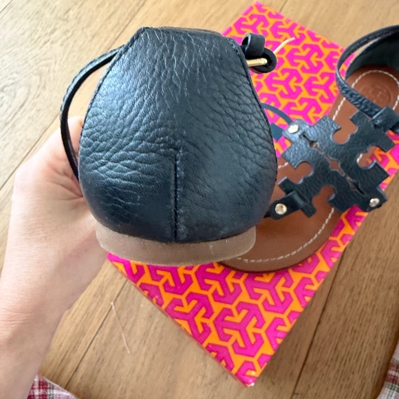 Tory Burch Black Leather Logo Thong Sandals with Ankle Strap - Picture 6 of 6